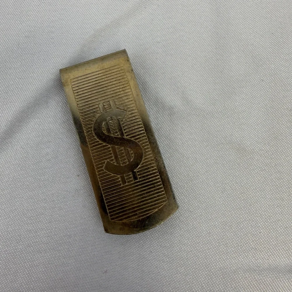 Vintage Gold Tone Dollar Sign Money Clip Ribbed Textured Men's Accessory